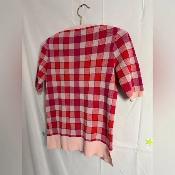 Ann Taylor Pink Red Purple Plaid Short Sleeve Sweater Top - Picture 4 of 14